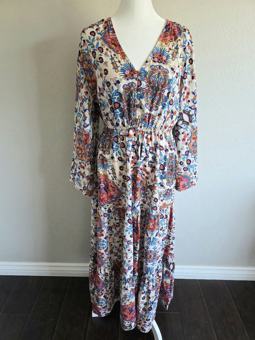 Anthropologie Boemo Maxi Dress Vibrant Paisley Tiered Boho Bell Sleeve Size L